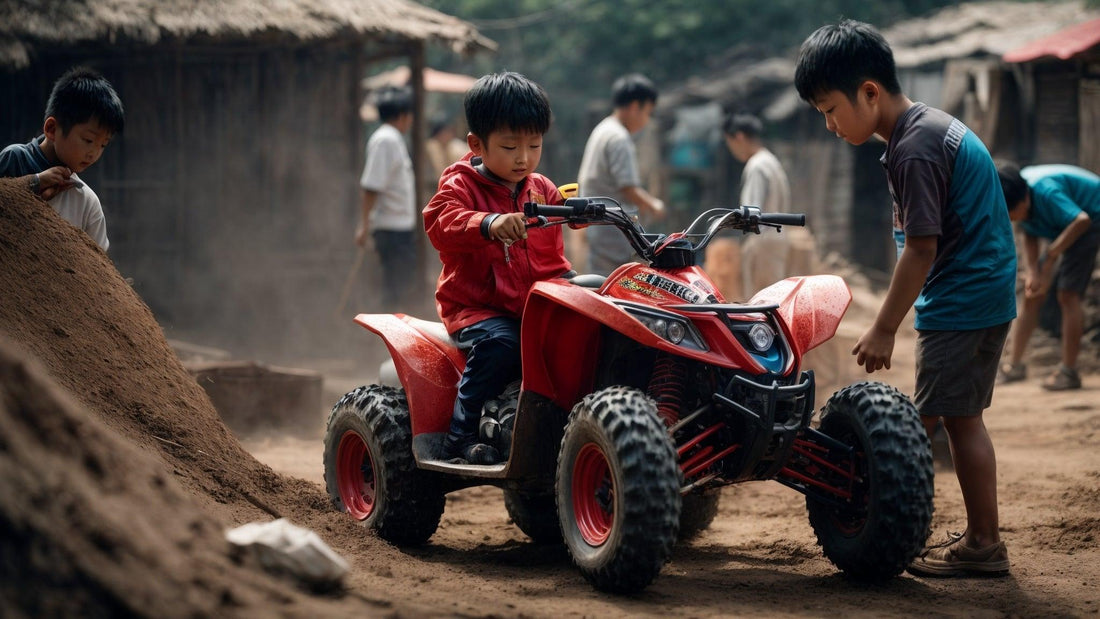 Kids riding and inspecting a red gas-powered ATV outdoors, dirt and huts in background