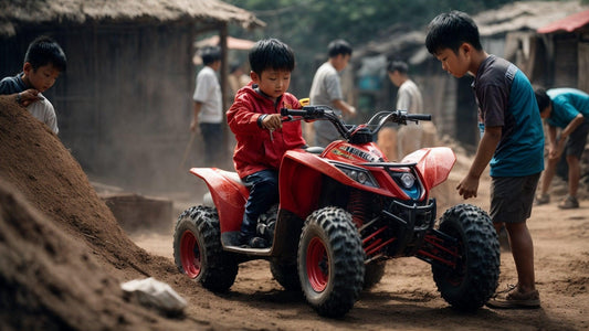 Kids riding and inspecting a red gas-powered ATV outdoors, dirt and huts in background
