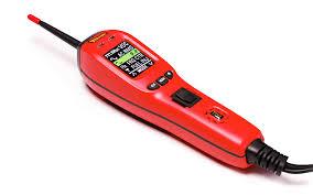 Red automotive circuit tester tool with digital display and probe for troubleshooting wiring.