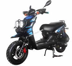 Blue and black 150cc gas scooter with dual headlights, parked on white background