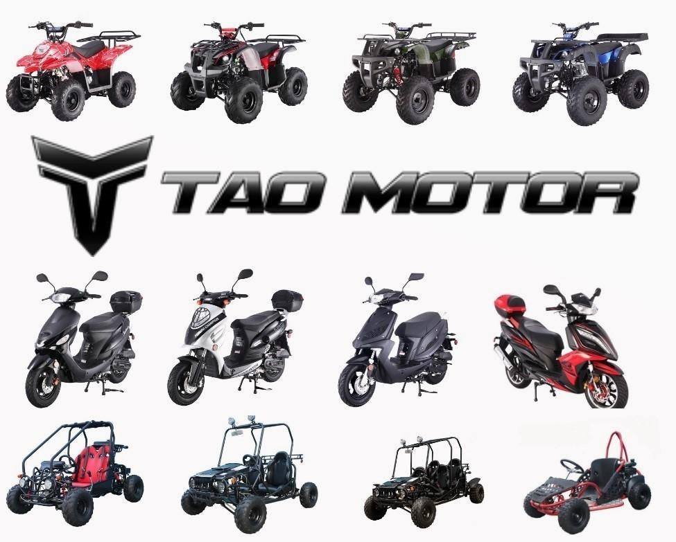 ATVs, scooters, and go-karts from Tao Motor displayed on a white background