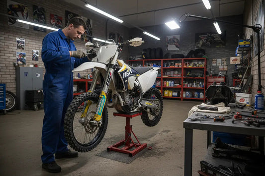 Mechanic in blue coveralls repairing a dirt bike in a well-equipped motorcycle workshop
