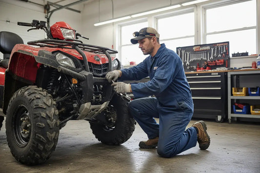 Mechanic repairing red ATV in workshop with tools in background