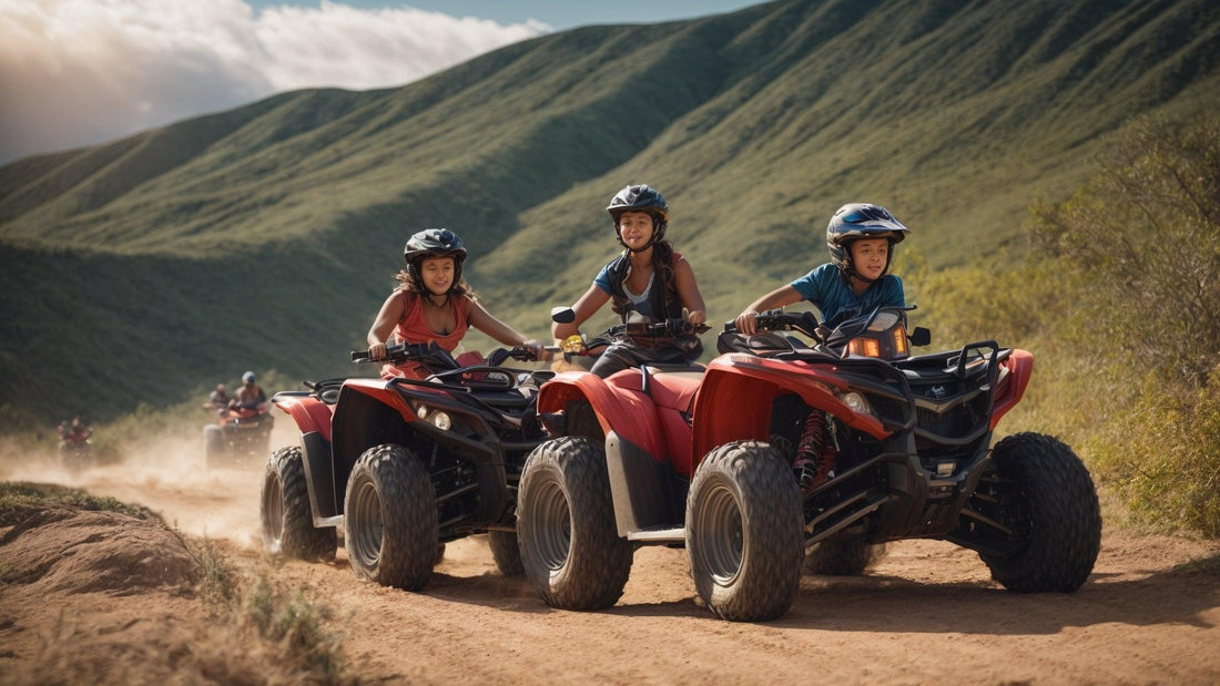 Kids riding red ATVs on a dirt trail through green hills, wearing helmets and smiling