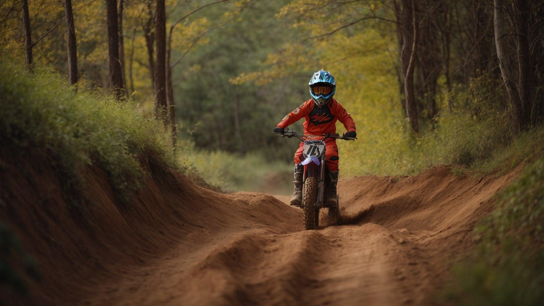 Child riding dirt bike on wooded off-road trail, youth powersports, outdoor adventure