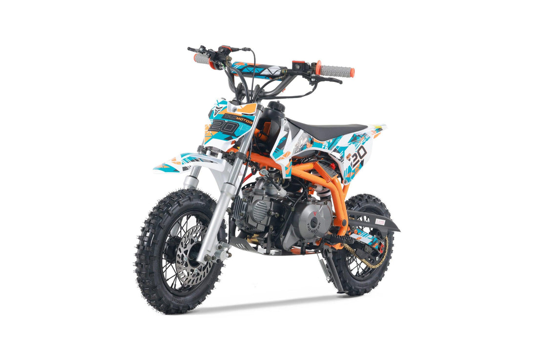 Mini gas-powered 110cc kids dirt bike with orange frame and knobby tires on white background