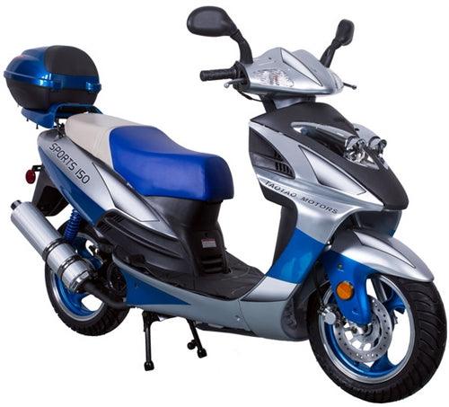Blue and silver 150cc gas scooter with rear storage, side view on white background