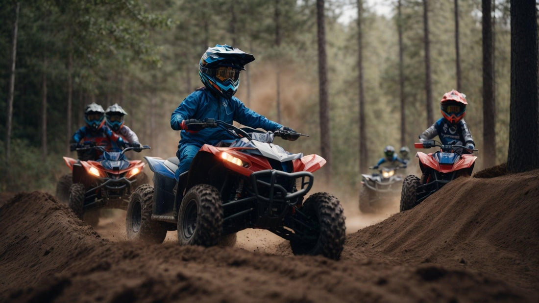 Kids riding entry-level ATVs on a dirt trail in the woods, wearing helmets and gear