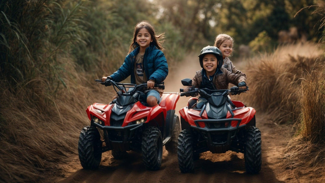 Kids riding red youth ATVs on an outdoor dirt trail, surrounded by tall grass.