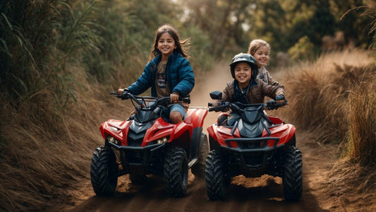 Kids riding red youth ATVs on an outdoor dirt trail, surrounded by tall grass.
