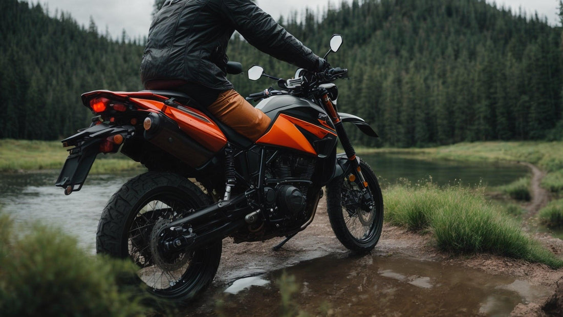 250cc dual sport motorcycle near a forest pond, off-road adventure setting