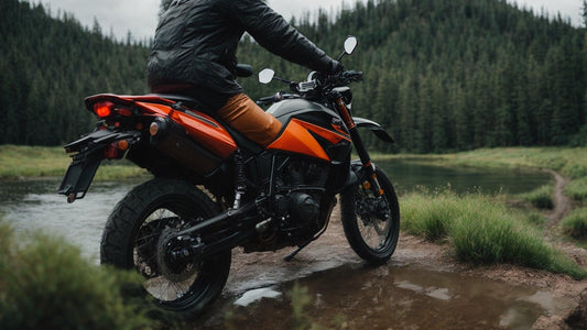 250cc dual sport motorcycle near a forest pond, off-road adventure setting