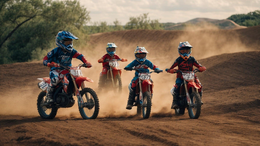 Four kids riding red youth dirt bikes on a dusty off-road trail wearing helmets and protective gear