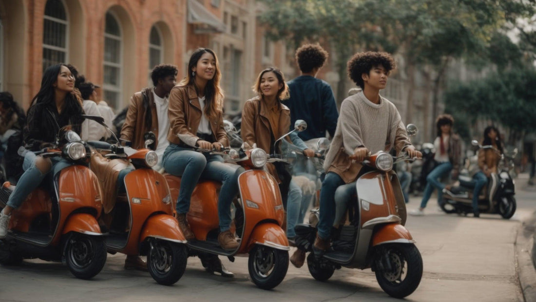 Group of students riding orange motor scooters on a city street, affordable student transportation