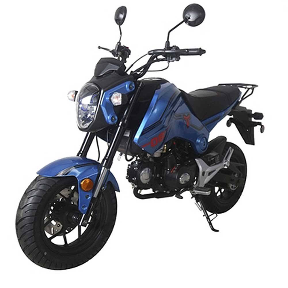 Blue mini motorcycle with black seat, upright mirrors, and street tires on white background