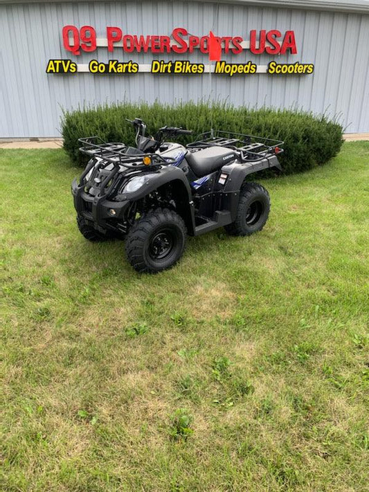 Black ATV parked on grass in front of a building with signs for ATVs, go karts, dirt bikes, mopeds, and scooters.