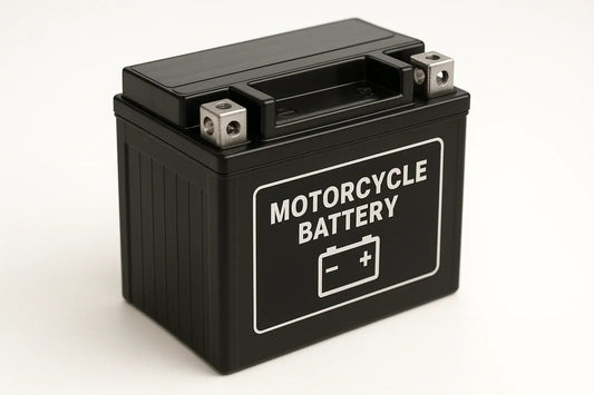 Black motorcycle battery with labeled terminals on a white background