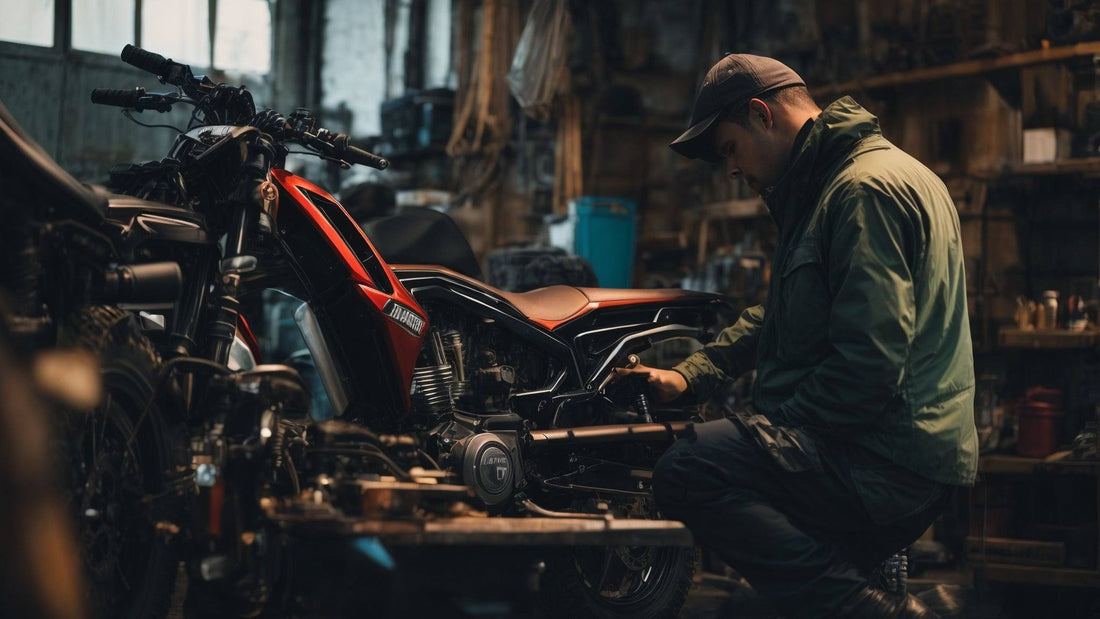 Man performing routine maintenance on a red off-road motorcycle in a workshop
