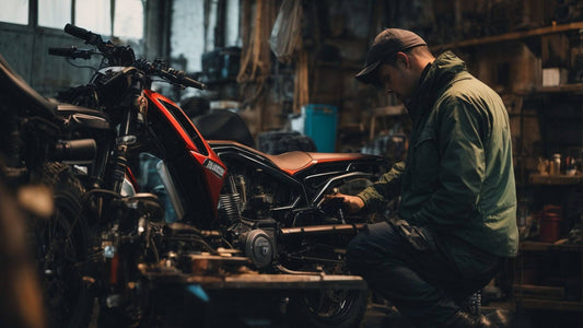 Man performing routine maintenance on a red off-road motorcycle in a workshop