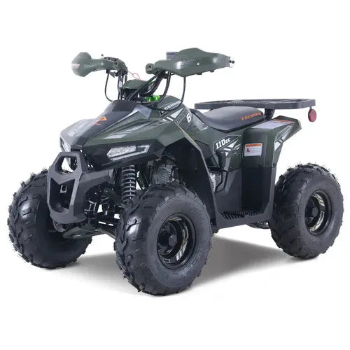 Green youth ATV with rugged tires and front suspension, suitable for beginners and off-road riding