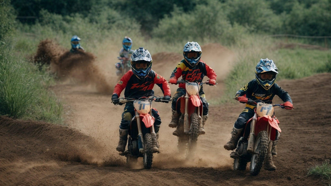 Kids racing dirt bikes on an outdoor motocross track, wearing helmets and protective gear