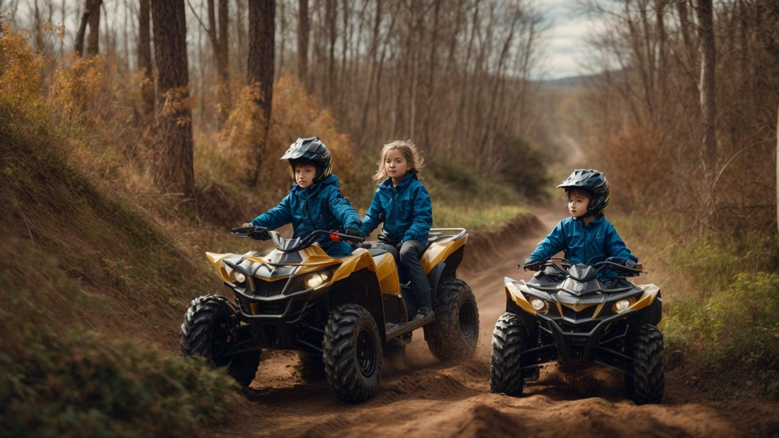 Kids riding yellow all-terrain vehicles on a dirt trail in a forested area, wearing helmets