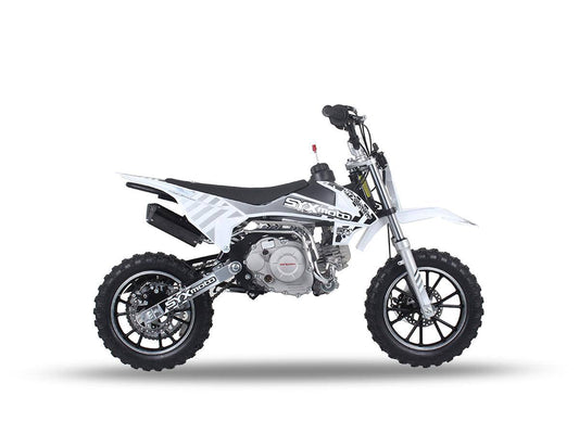 Gas powered 125cc pit bike with black and white body, knobby tires, and off-road design