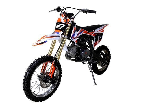 125cc gas-powered dirt bike with number 27, knobby tires, and orange, white, and blue graphics