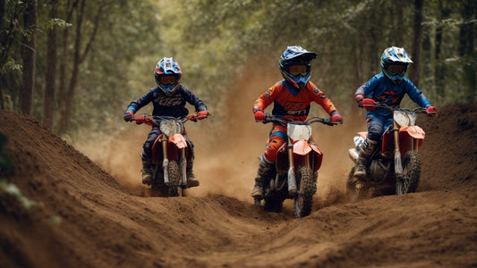 Three riders on dirt bikes racing off-road through a forest trail, kicking up dust.