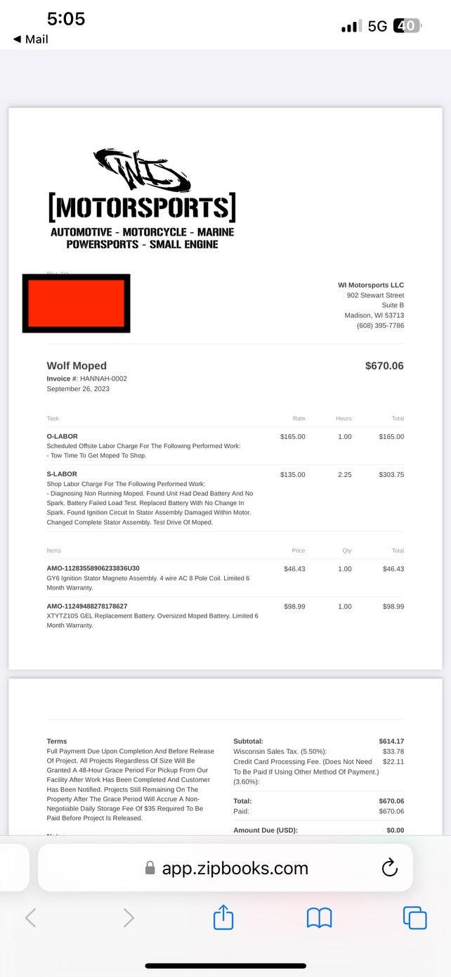 Scooter repair shop invoice for Wolf Moped detailing labor and parts charges, shown on a smartphone screen.