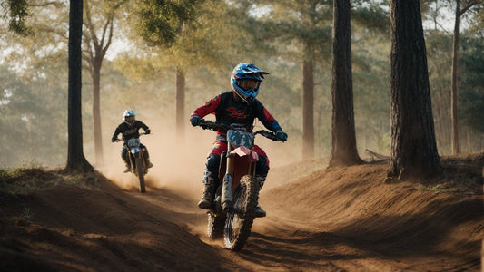 Riders on 125cc dirt bikes navigating a forest trail with dust and trees in the background