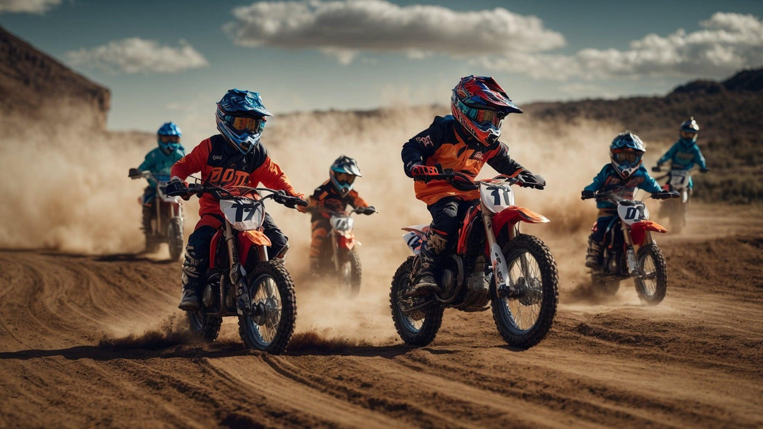 Kids riding 60cc dirt bikes on an off-road dirt track, wearing helmets and racing gear.