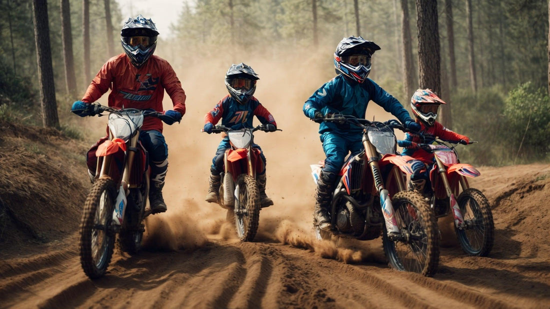 Family riding off-road dirt bikes on a forest trail, kicking up dust, wearing helmets