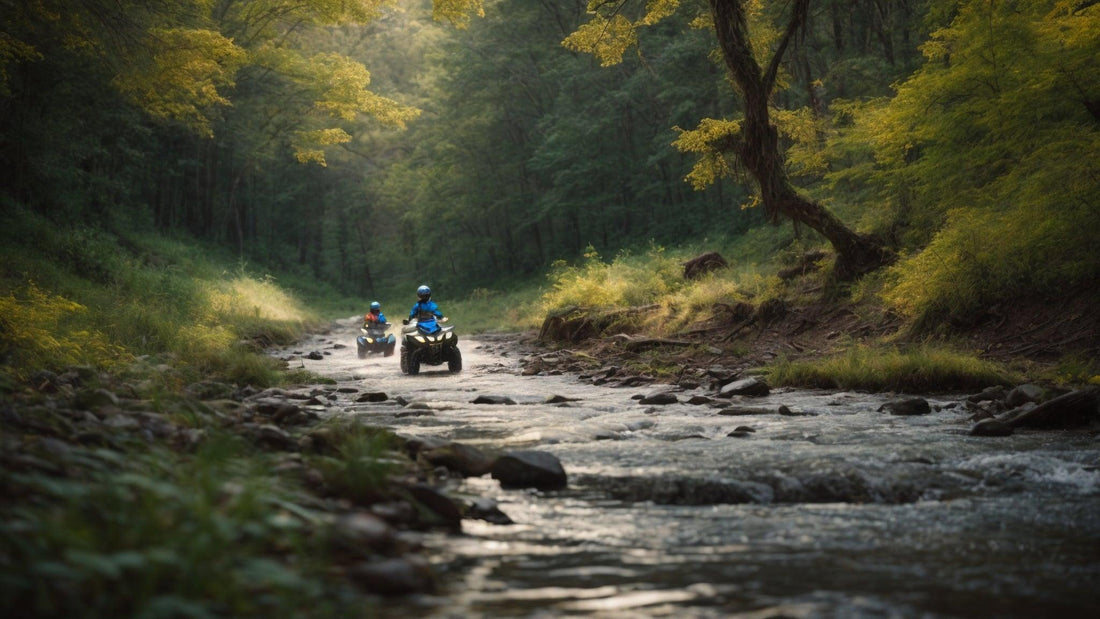 Kids riding ATVs through a forest stream, all-terrain vehicles adventure outdoors