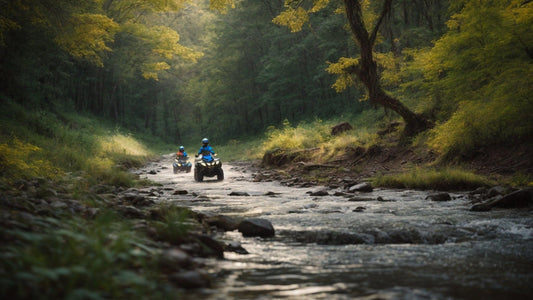 Kids riding ATVs through a forest stream, all-terrain vehicles adventure outdoors
