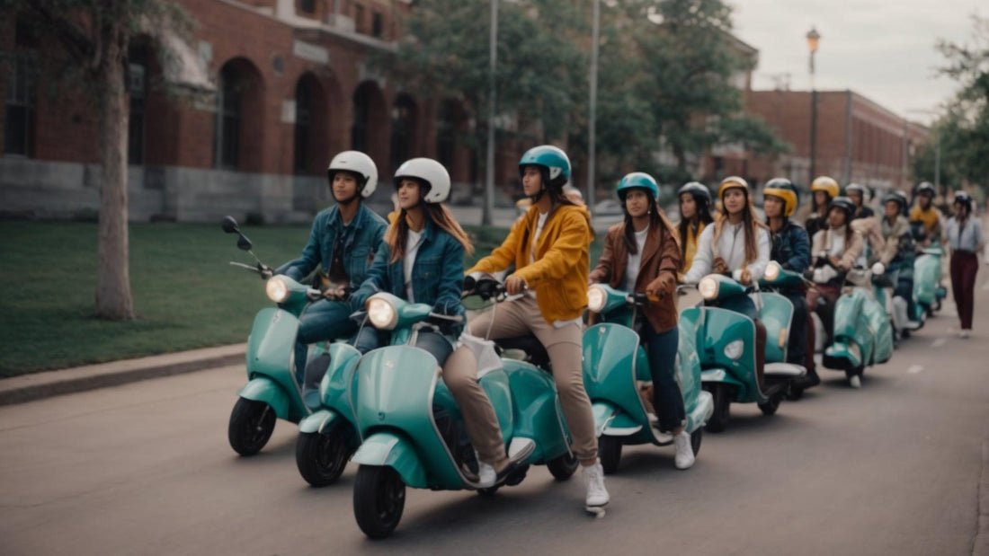 Group of young adults riding teal motor scooters with helmets on a city street