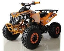 Orange youth ATV with rugged off-road tires and sporty design on white background