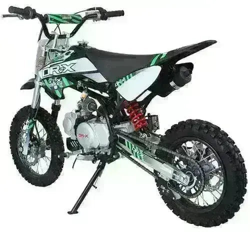 Green and black kids pit bike with off-road tires and visible suspension, automatic dirt bike