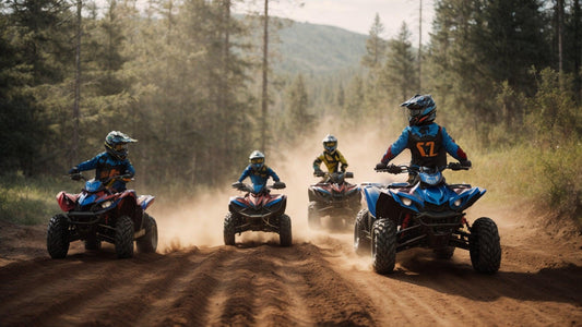 Kids riding youth ATVs on a dirt trail in the forest, wearing helmets and safety gear.
