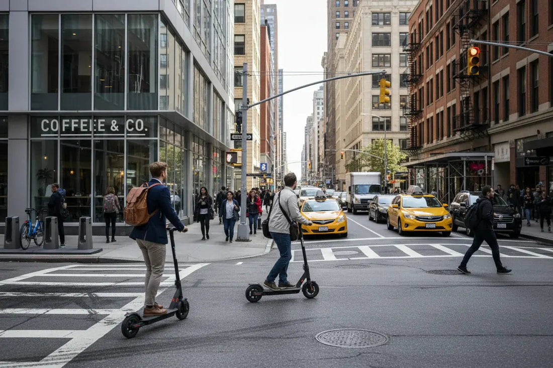 People riding electric scooters on a busy city street with taxis and pedestrians