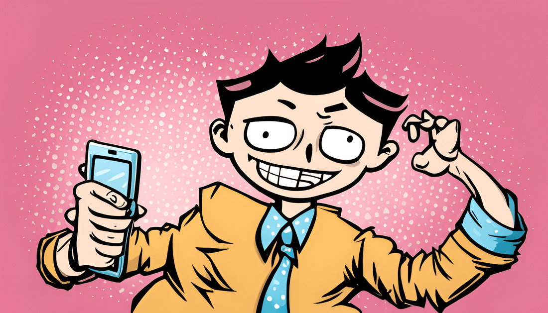 Cartoon person in yellow suit holding smartphone, grinning, on pink background