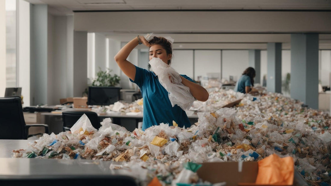 Office workers surrounded by piled trash and plastic waste, struggling to clean up