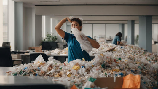 Office workers surrounded by piled trash and plastic waste, struggling to clean up