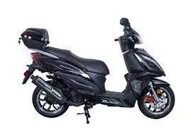 Black Q9 PowerSports youth scooter parked on white background, side view