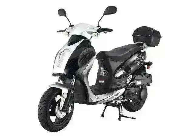 150cc black and white motor scooter with rear storage trunk, parked on white background