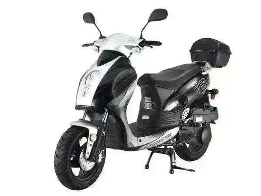 150cc black and white motor scooter with rear storage trunk, parked on white background