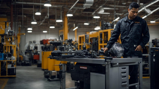 Powersports technician in black coveralls working on ATV parts in a workshop