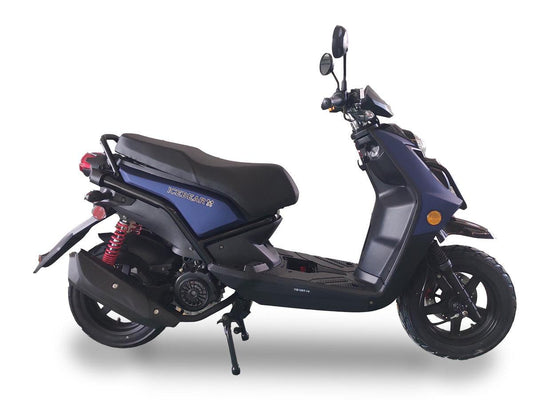 Dark blue ICEBEAR motor scooter with black seat, side view, modern urban design