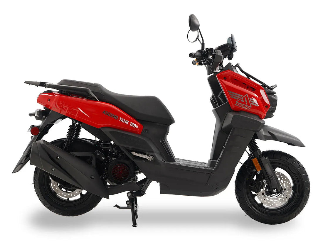 Red and black ASCEND TANK 150cc scooter, side view, on white background