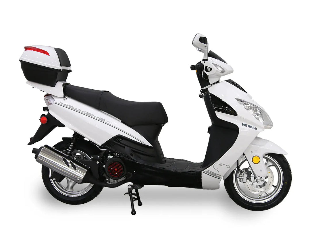 White ICE BEAR 150cc scooter with rear storage box, side view on white background